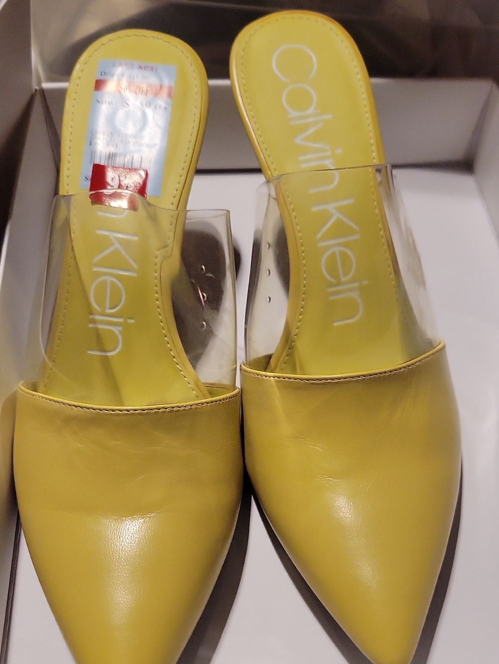 Calvin Klein Yellow Pointed-Toe Clear Strap Slide Mules